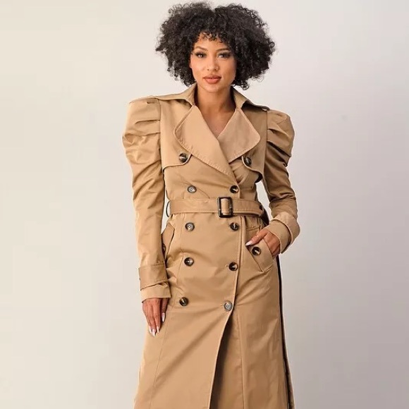 Double Breasted Puffed Shoulder Belted Trench Coat - Picture 3 of 8